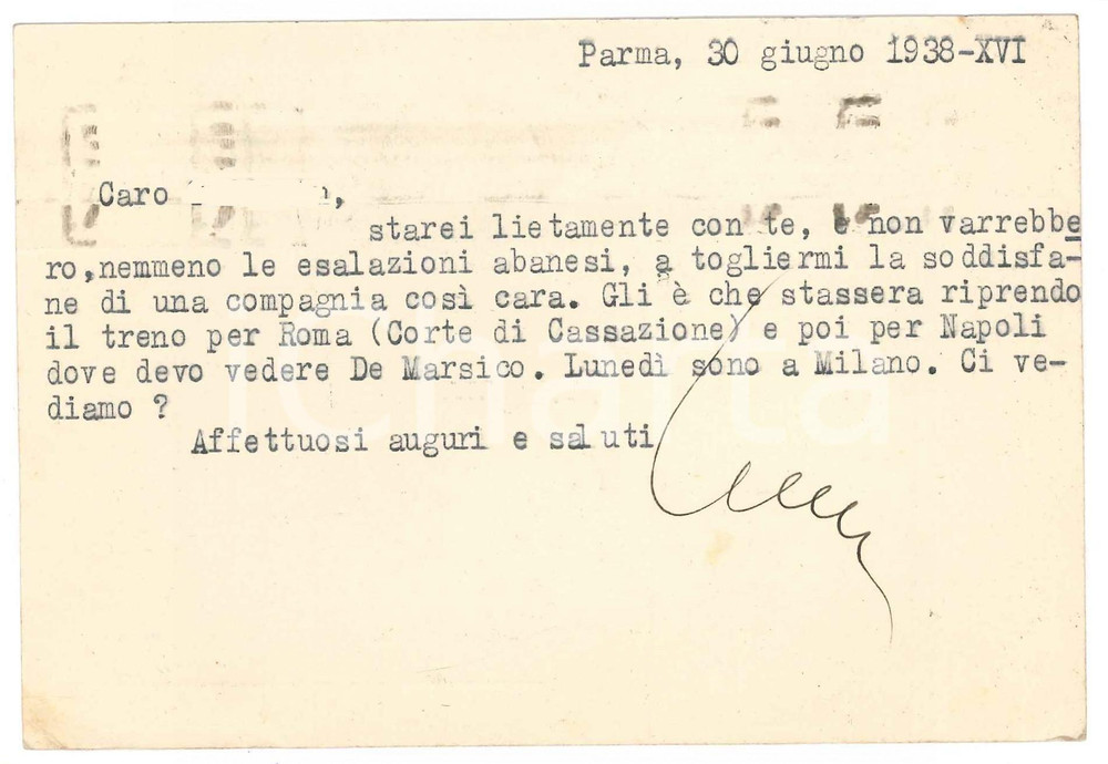 Autografo originale 1938 PARMA Cartolina Aurelio CANDIAN in partenza per Roma Autografo 1