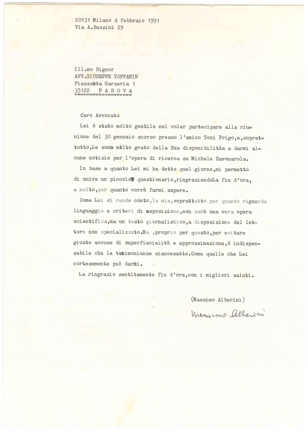 Autografo originale 1991 MILANO Lettera Massimo ALBERINI  Questionario su Savonarola Autografo 1
