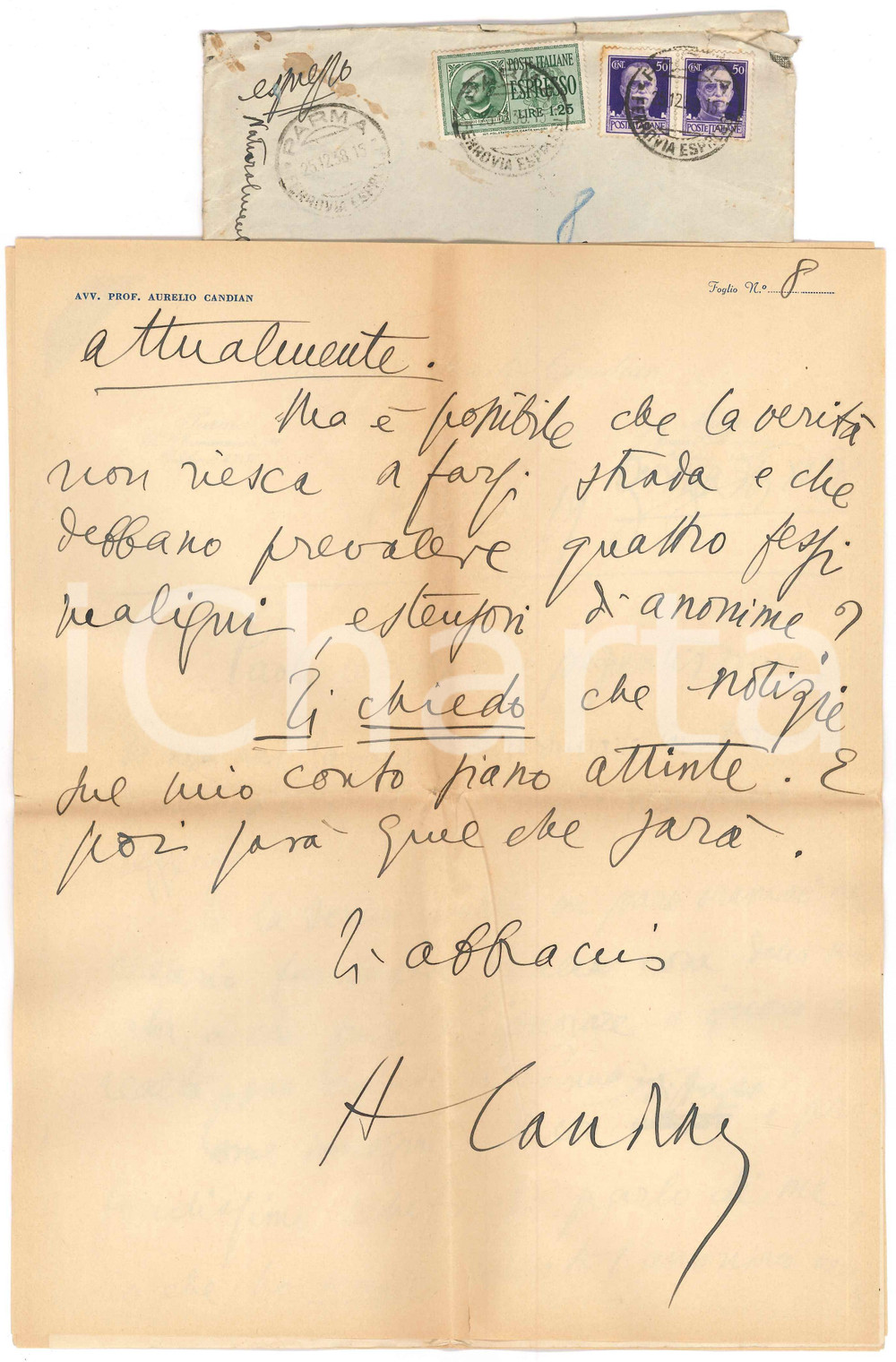 Autografo originale 1938 PARMA Aurelio CANDIAN  Opere personali di beneficenza  Autografo 1