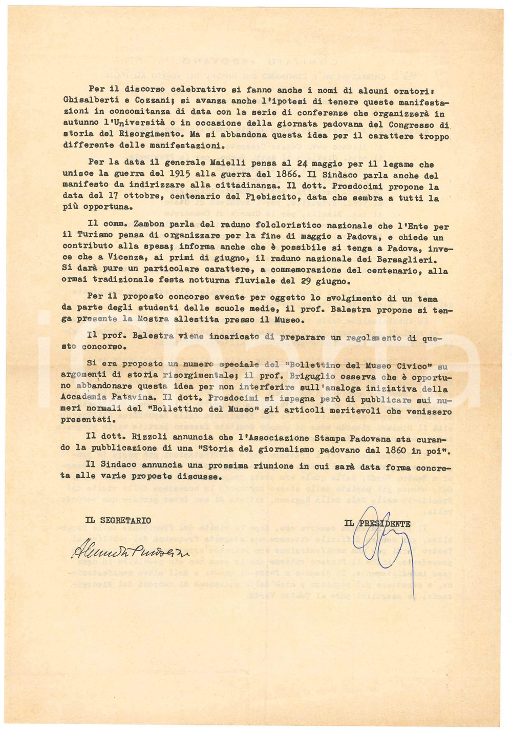 Documento originale, autentico 1966 PADOVA Comitato Centenario Unione del Veneto all Italia  Verbale adunanza 1