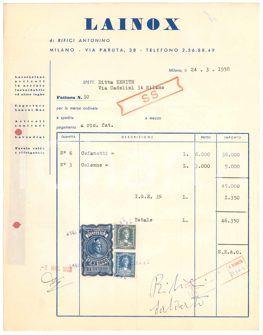 Documento originale, autentico 1958 MILANO Via Paruta  LAINOX di RIFICI Antonino  Articoli acciaio Fattura 1