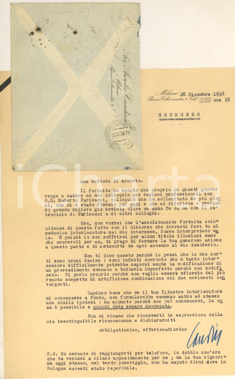 Autografo originale 1938 MILANO Lettera Aurelio CANDIAN  Colloquio con Roberto Farinacci Autografo 1