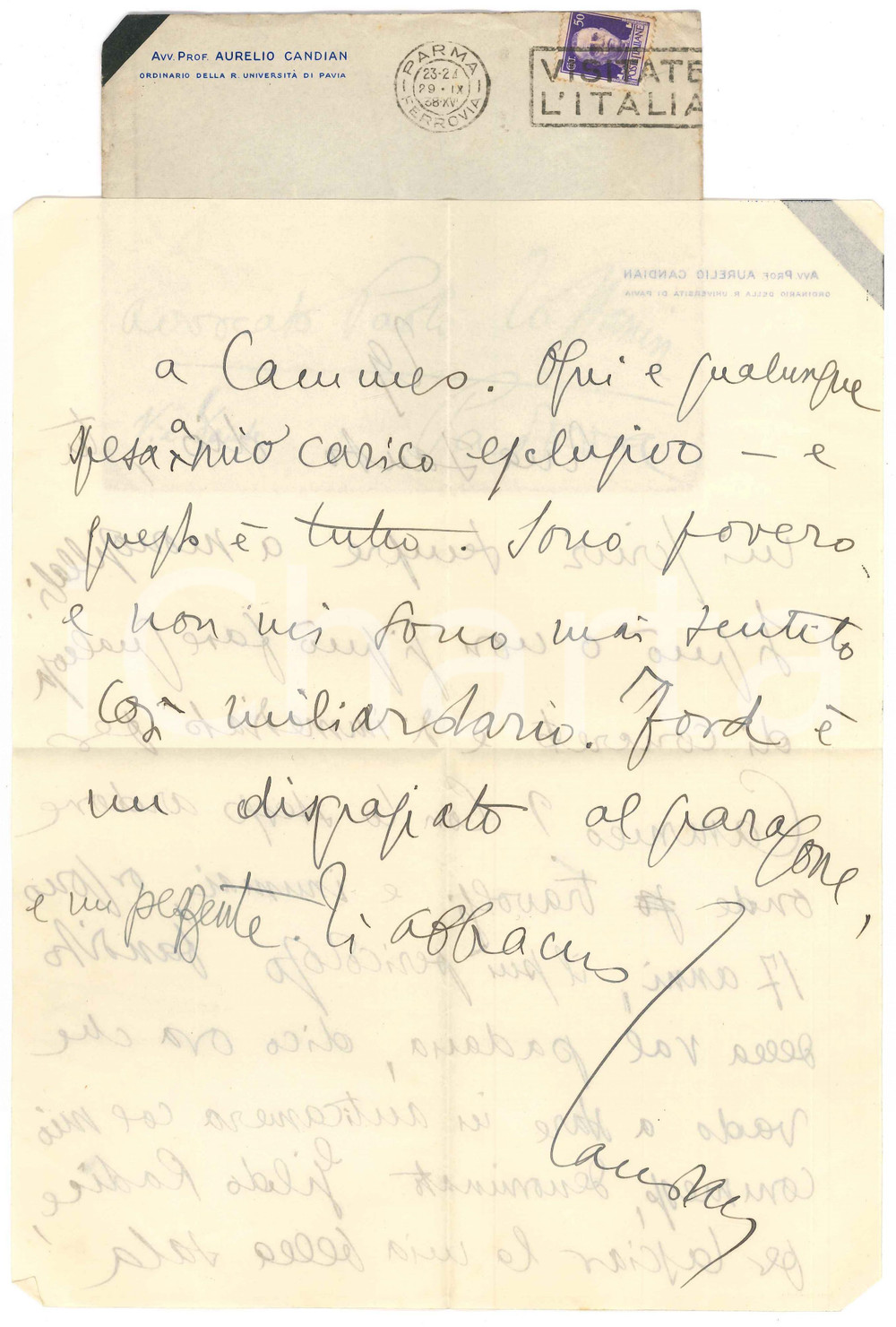 Autografo originale 1938 PARMA Aurelio CANDIAN Sono povero ma mi sento miliardario   Autografo 1