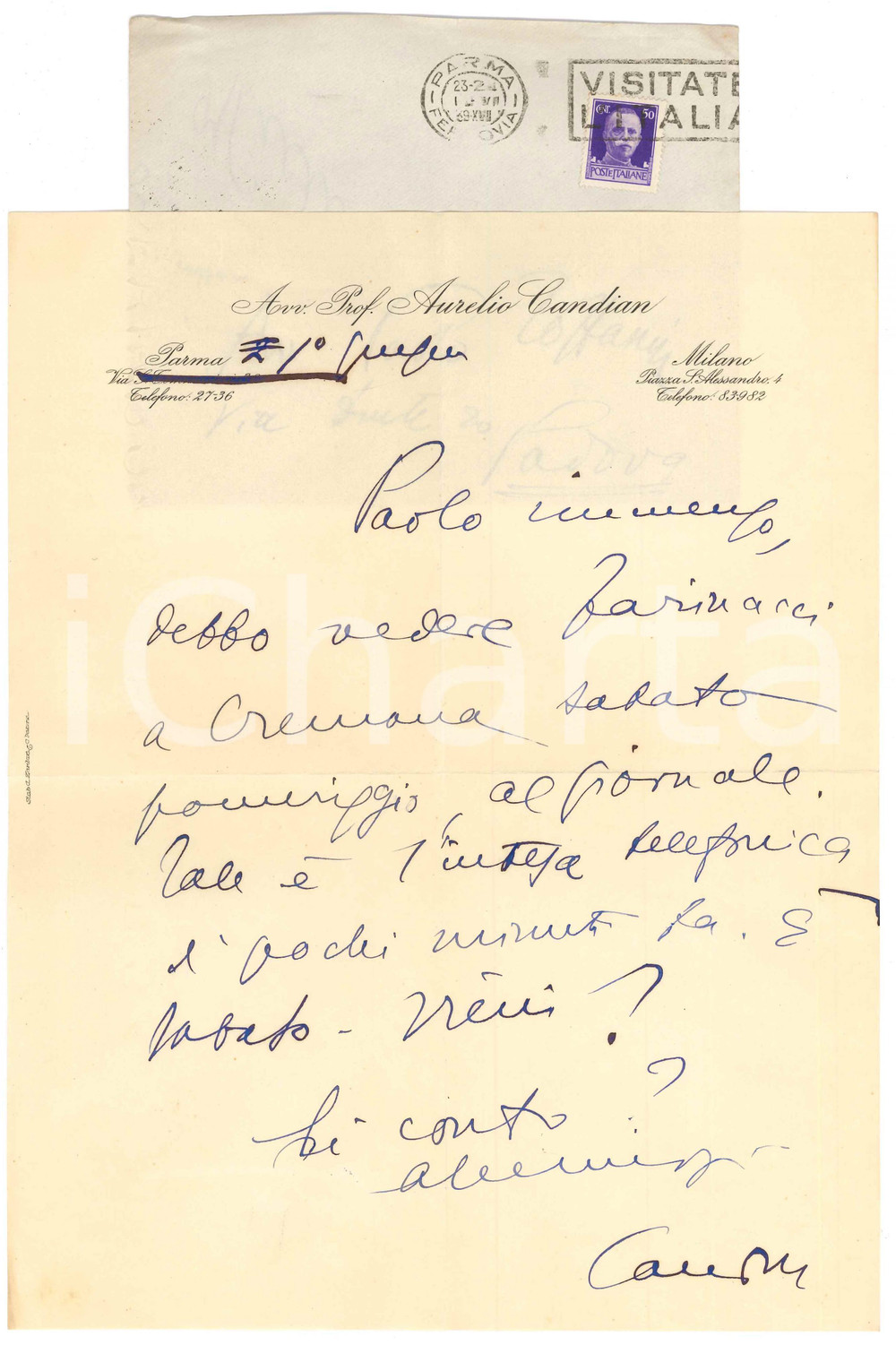 Autografo originale 1939 PARMA Aurelio CANDIAN  Appuntamento con Roberto Farinacci  Autografo 1