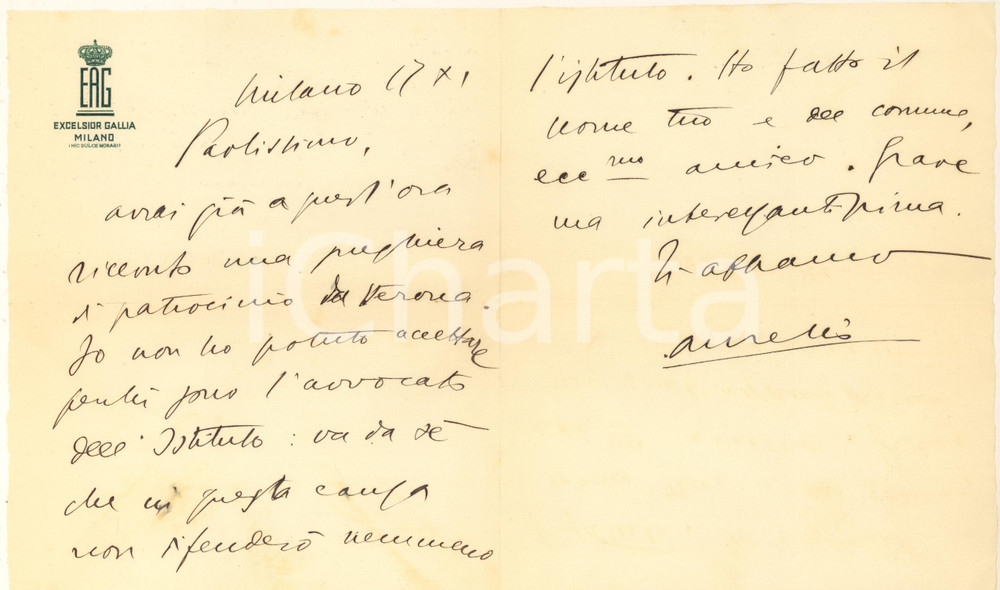 Autografo originale 1939 MILANO Hotel GALLIA  Aurelio CANDIAN su causa rifiutata  Autografo 1
