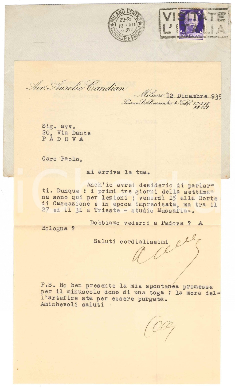 Autografo originale 1939 MILANO Lettera Aurelio CANDIAN a un collega per appuntamento  Autografo 1