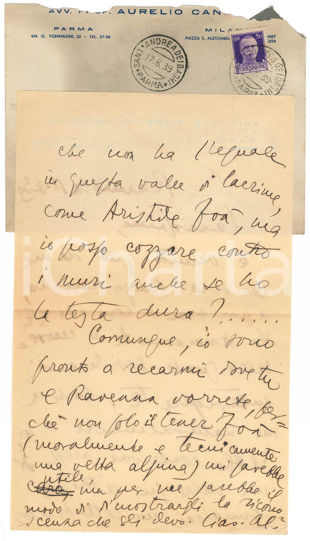 Autografo originale 1939 RAMIOLA / PARMA Aurelio CANDIAN stima Aristide FOA  Autografo 1