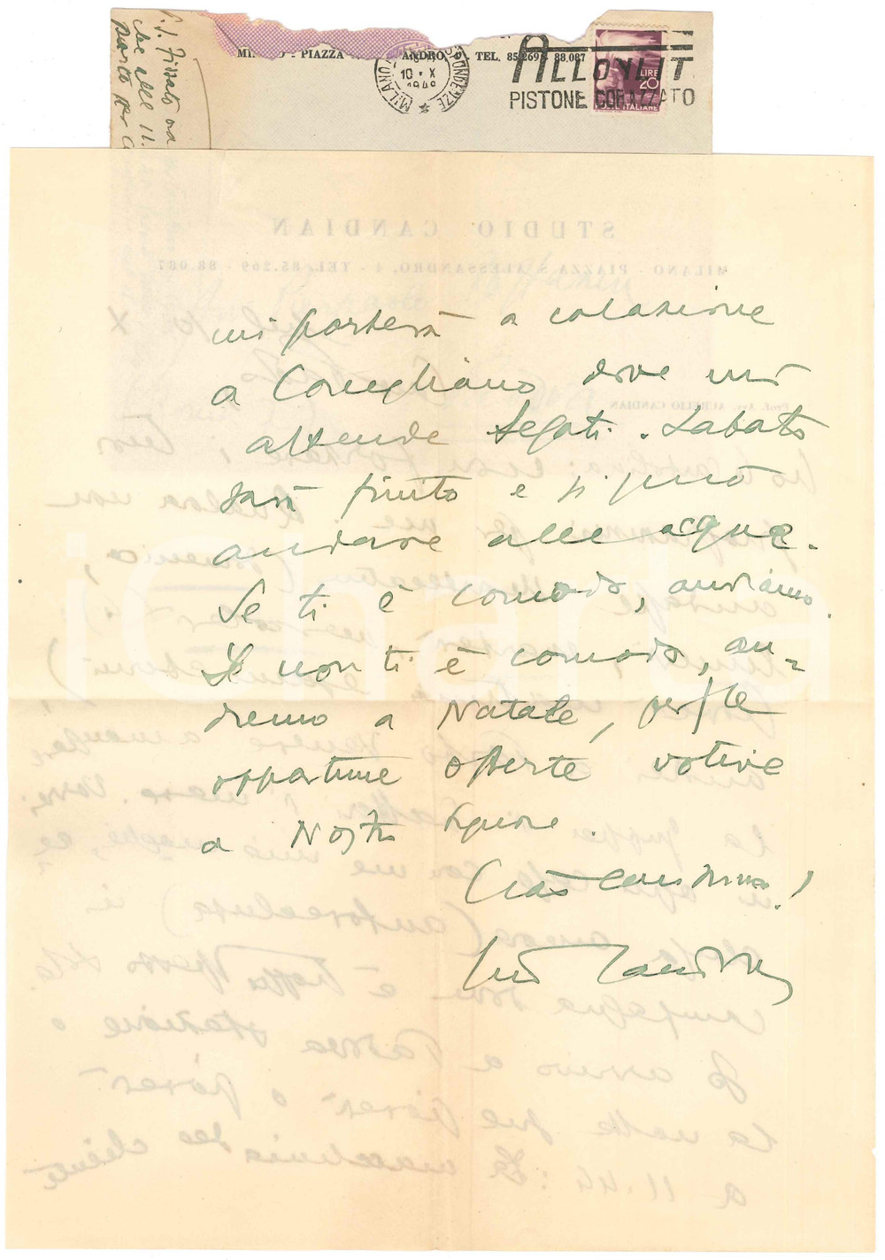1949 MILANO Lettera Aurelio CANDIAN a un collega e amico - Autografo Lettera interamente autografa.Su carta intestata; busta viaggiata.PAGINE: 1 (2 facciate) FAIR/discreto piegature d'epoca  originale e autentica 1