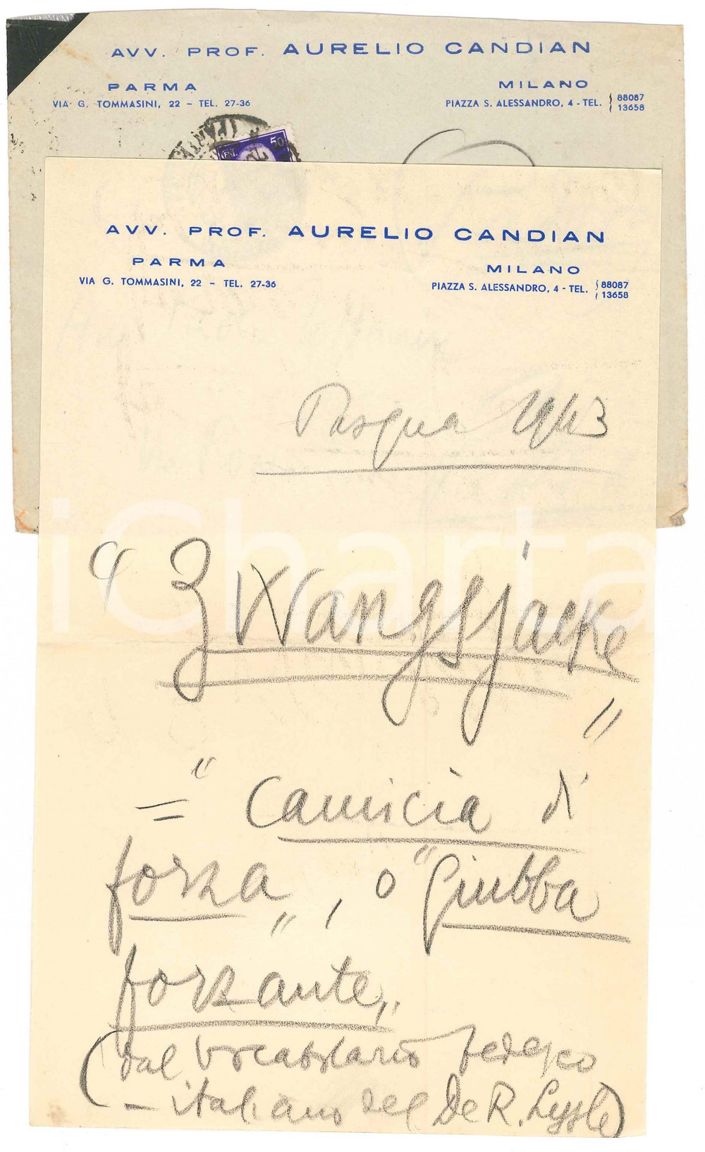 Autografo originale 1943 CREMONA Lettera Aurelio CANDIAN  Camicia di forza  Autografo 1