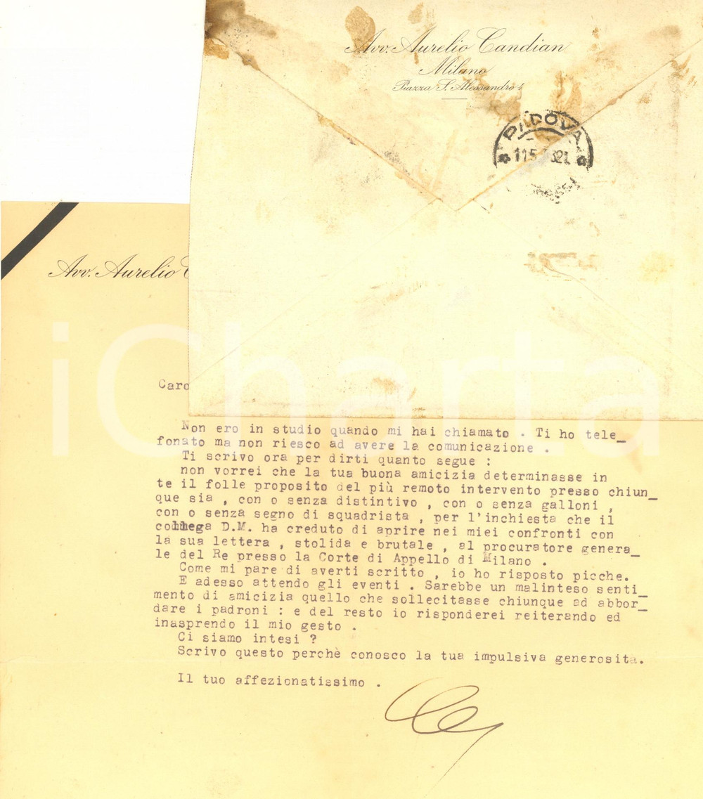 1943 MILANO Lettera Aurelio CANDIAN sull'aiuto di un amico *Autografo