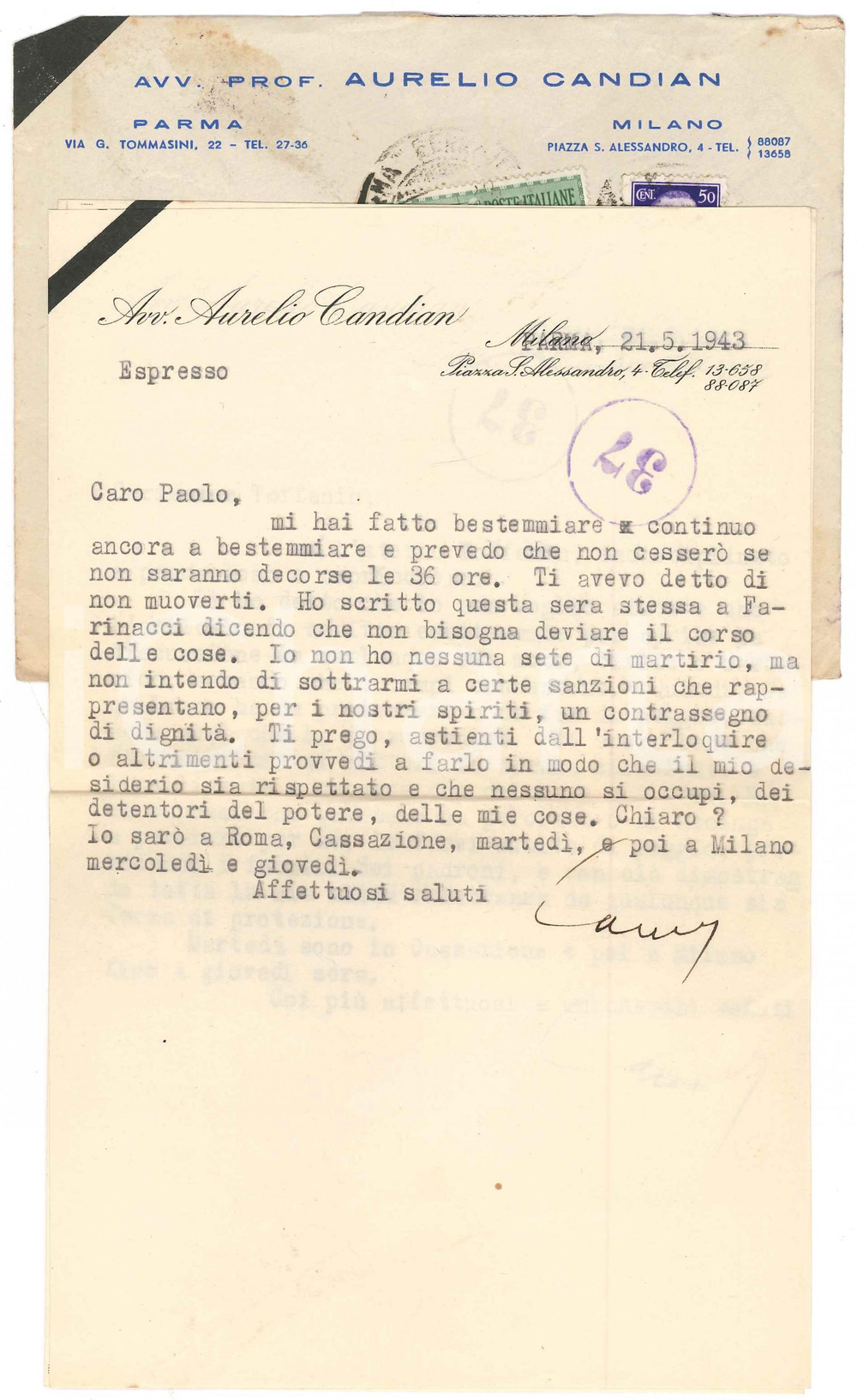 Autografo originale 1943 PARMA Aurelio CANDIAN protesta per intervento presso Farinacci  Autografo 1