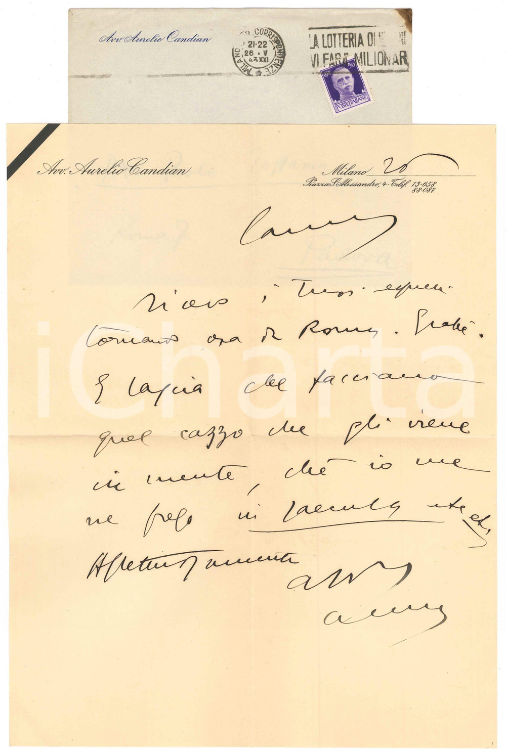 Autografo originale 1943 MILANO Aurelio CANDIAN  Lettera a un collega  Autografo 1