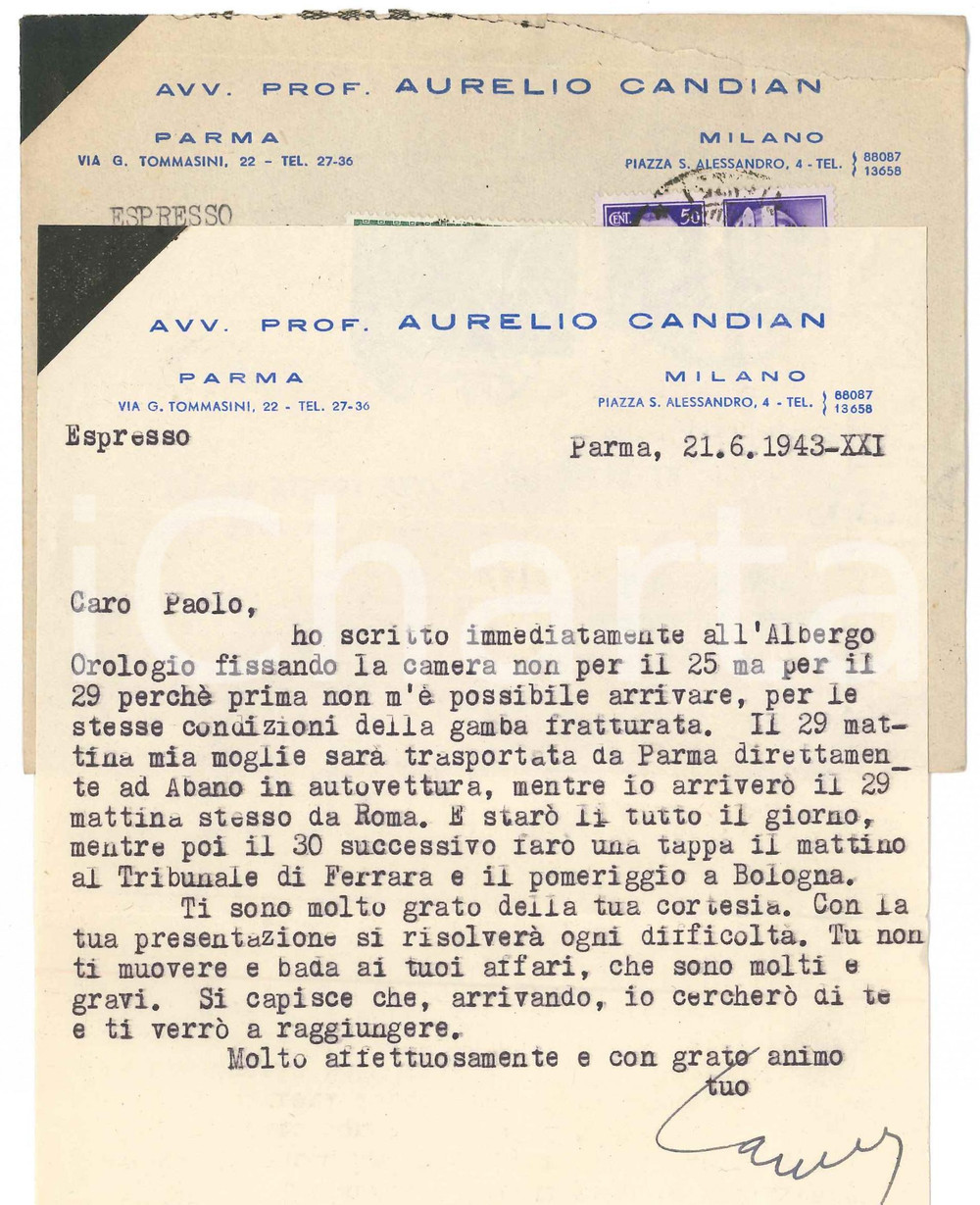Autografo originale 1943 PARMA Lettera Aurelio CANDIAN  Prenotazione in albergo Autografo 1