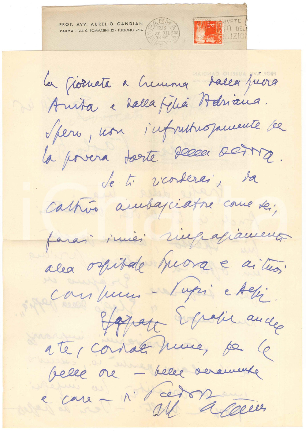 Autografo originale 1946 PARMA Aurelio CANDIAN  Lettera a un collega e amico  Autografo 1
