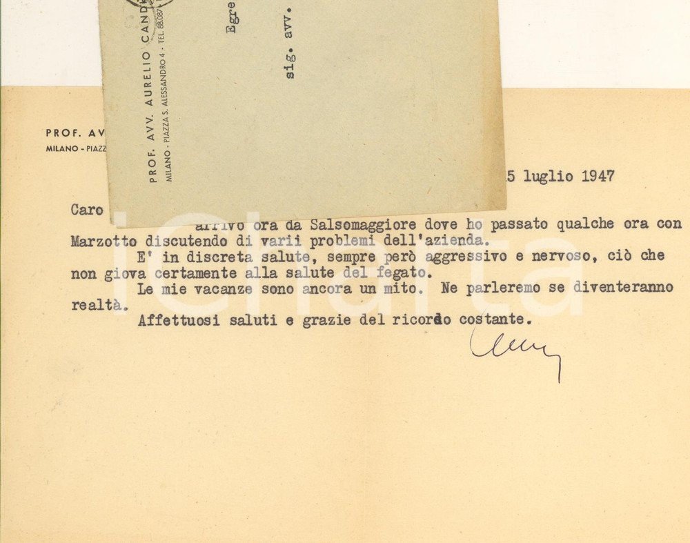 1947 MILANO Aurelio CANDIAN - "Marzotto Ã¨ sempre aggressivo" - Autografo Lettera dattiloscritta, con firma autografa.Su carta intestata; busta viaggiata.PAGINE: 1  FAIR/discreto piegature d'epoca  originale e autentica 1