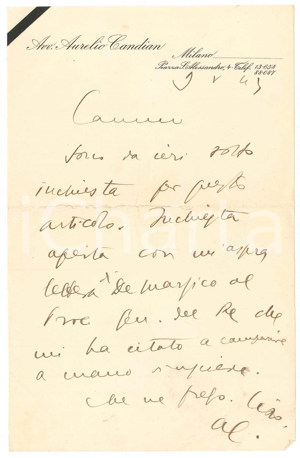 Autografo originale 1943 MILANO Aurelio CANDIAN sotto inchiesta per un articolo  Autografo 1