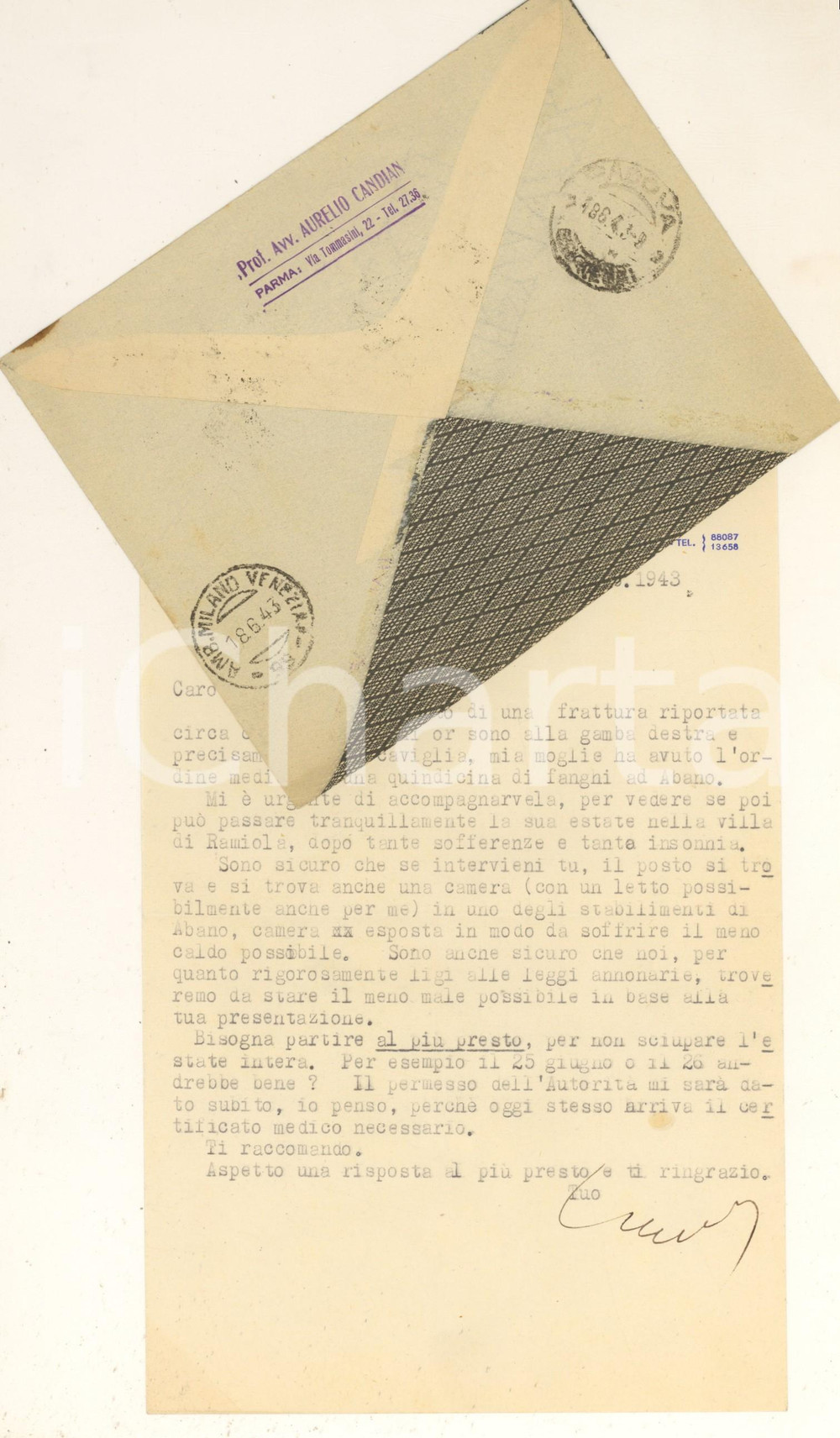 Autografo originale 1943 PARMA Lettera Aurelio CANDIAN  Invito a un amico Autografo 1