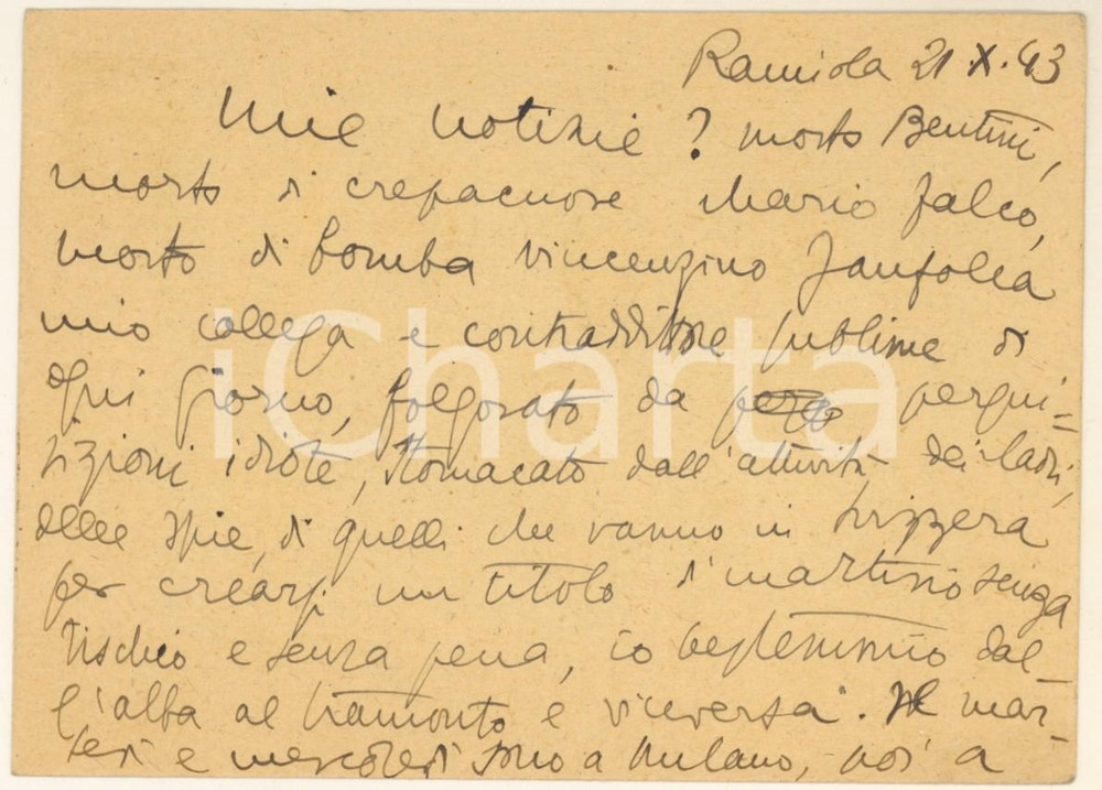 Autografo originale 1943 RAMIOLA Cartolina Aurelio CANDIAN sui colleghi morti  Autografo 1