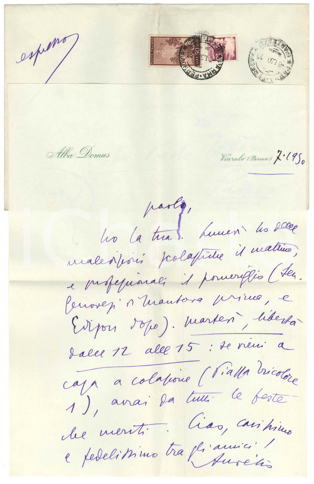 Autografo originale 1950 VIAROLO PR Aurelio CANDIAN Lunedì ho delle maledizioni  Autografo 1