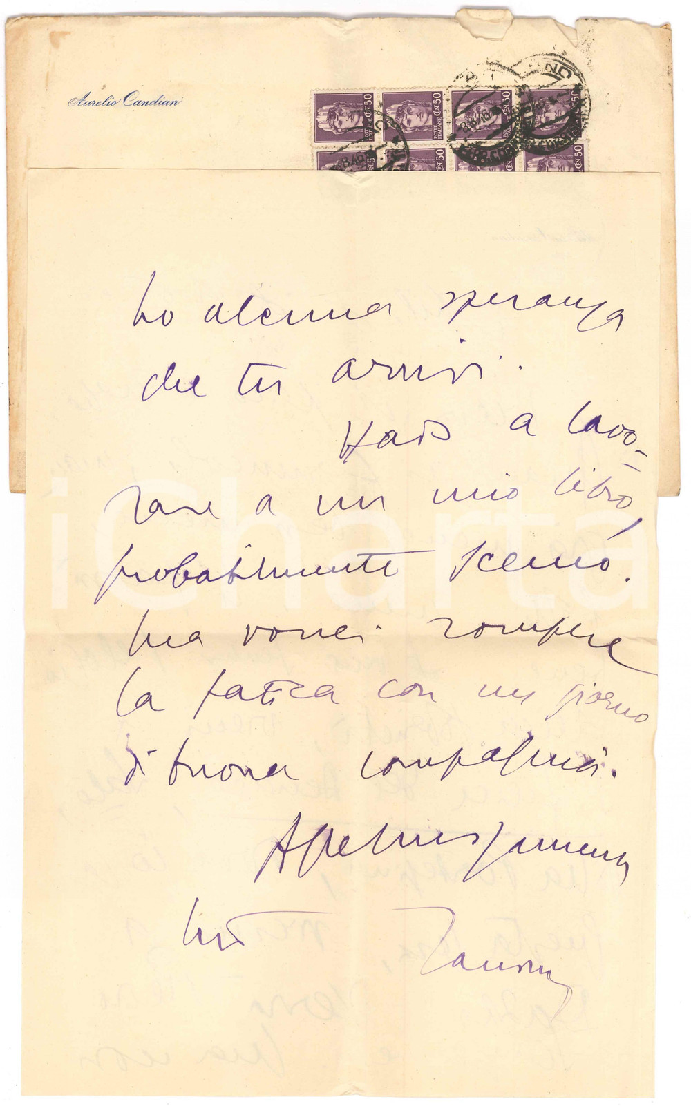 Autografo originale 1946 MILANO Aurelio CANDIAN a un amico Elogio della sobrietÃ   Autografo 1