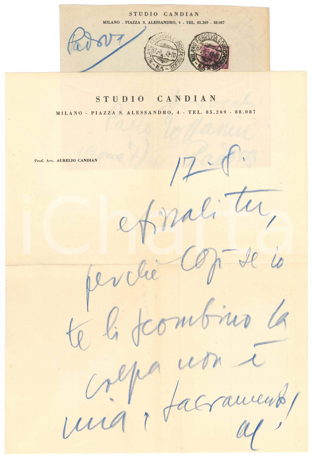 Autografo originale 1949 MILANO Lettera Aurelio CANDIAN a un amico  Autografo 1