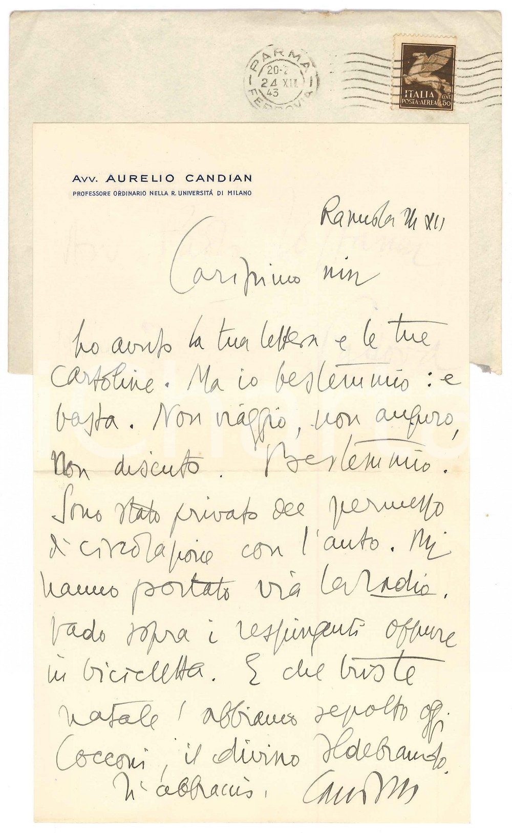 Autografo originale 1943 MILANO Lettera Aurelio CANDIAN  Io bestemmio e basta  Autografo 1