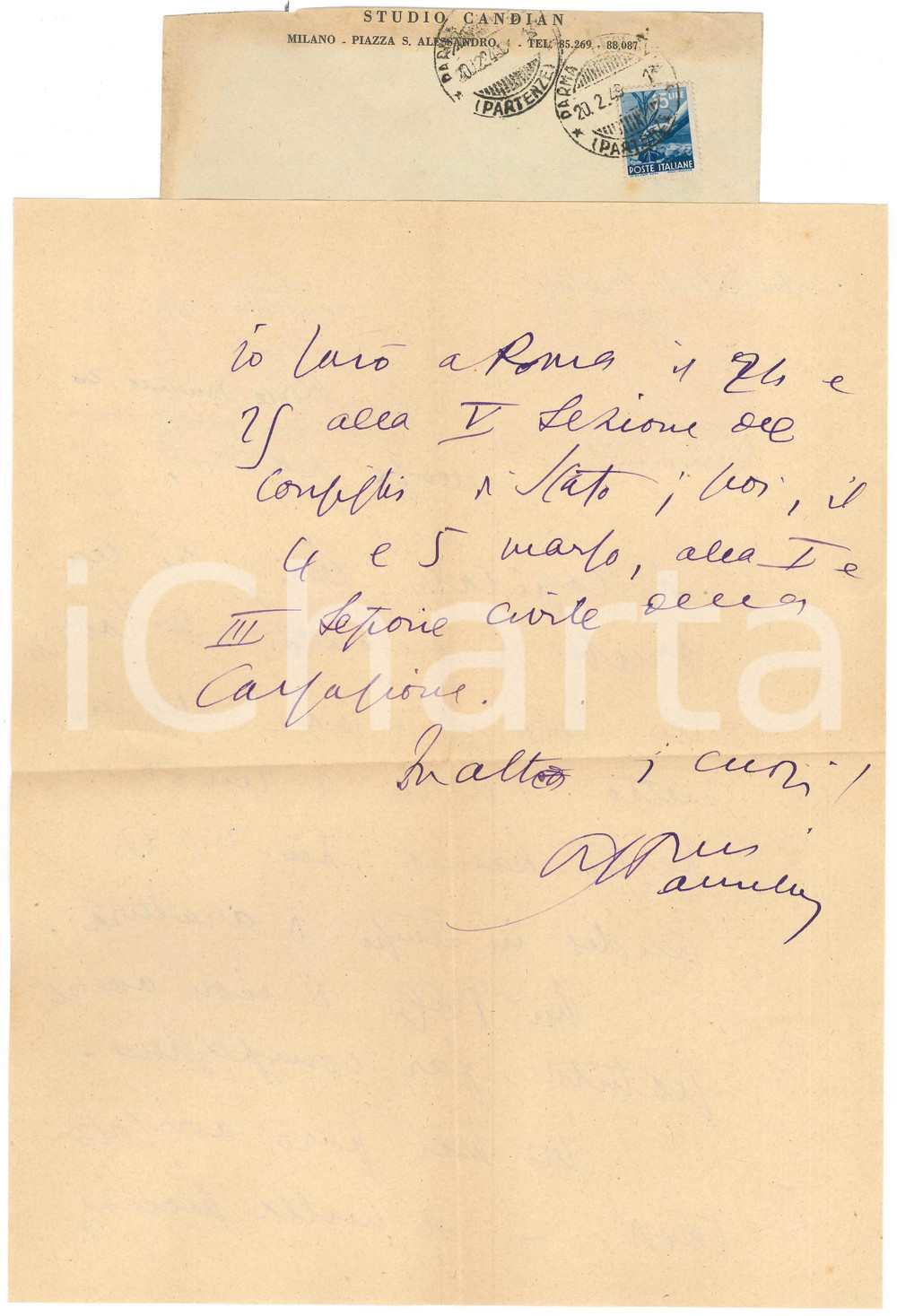 Autografo originale 1949 RONCO / PARMA Lettera Aurelio CANDIAN Il lavoro mi logora  Autografo 1