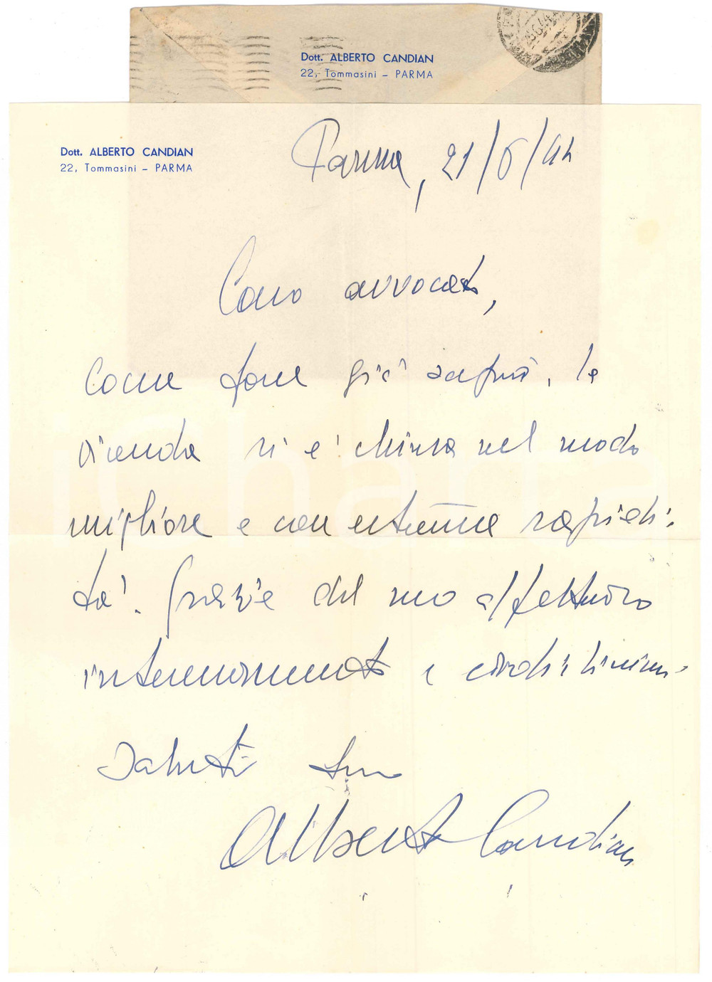 Autografo originale 1944 PARMA Aurelio CANDIAN  Lettera di ringraziamento  Autografo 1