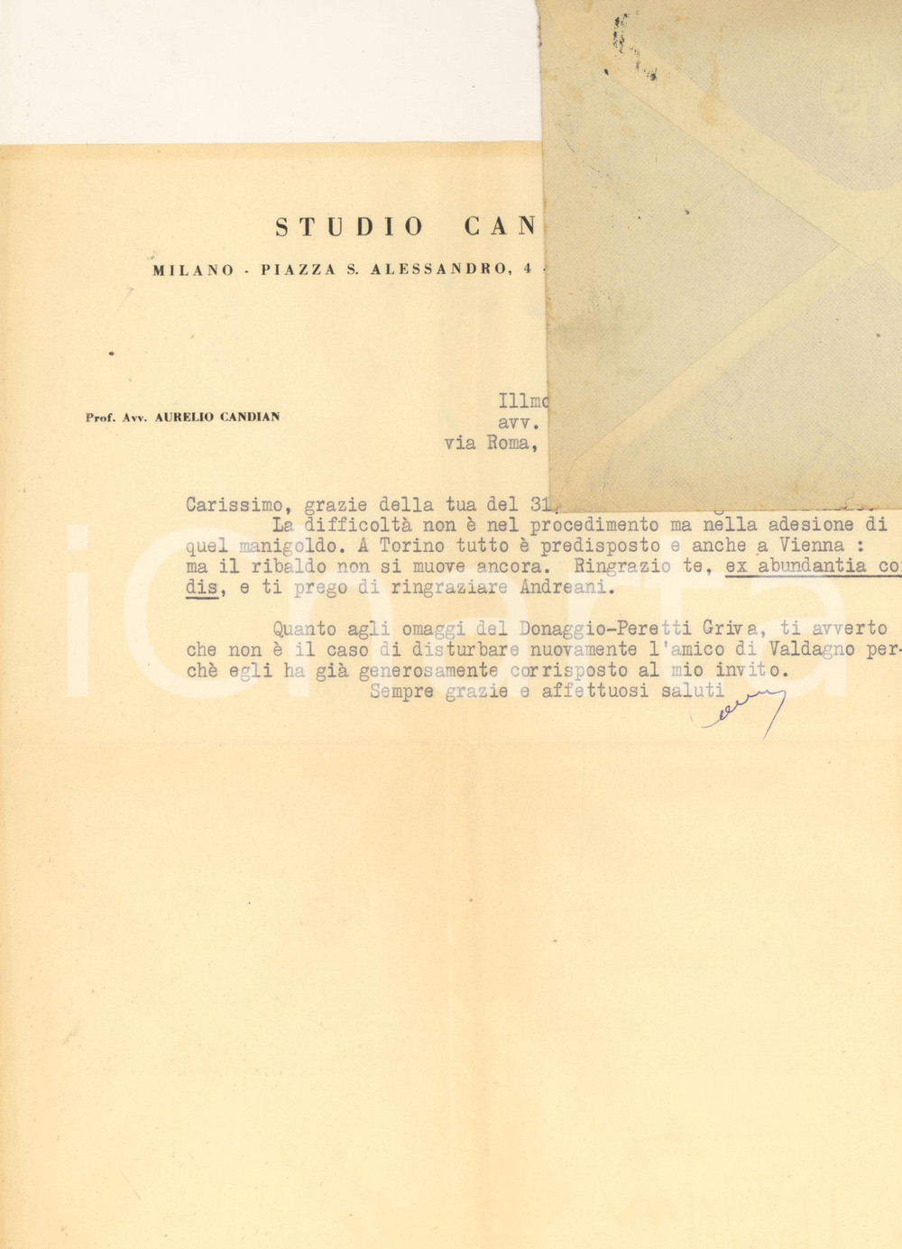 1950 MILANO Lettera Aurelio CANDIAN a un collega per processo *Autografo