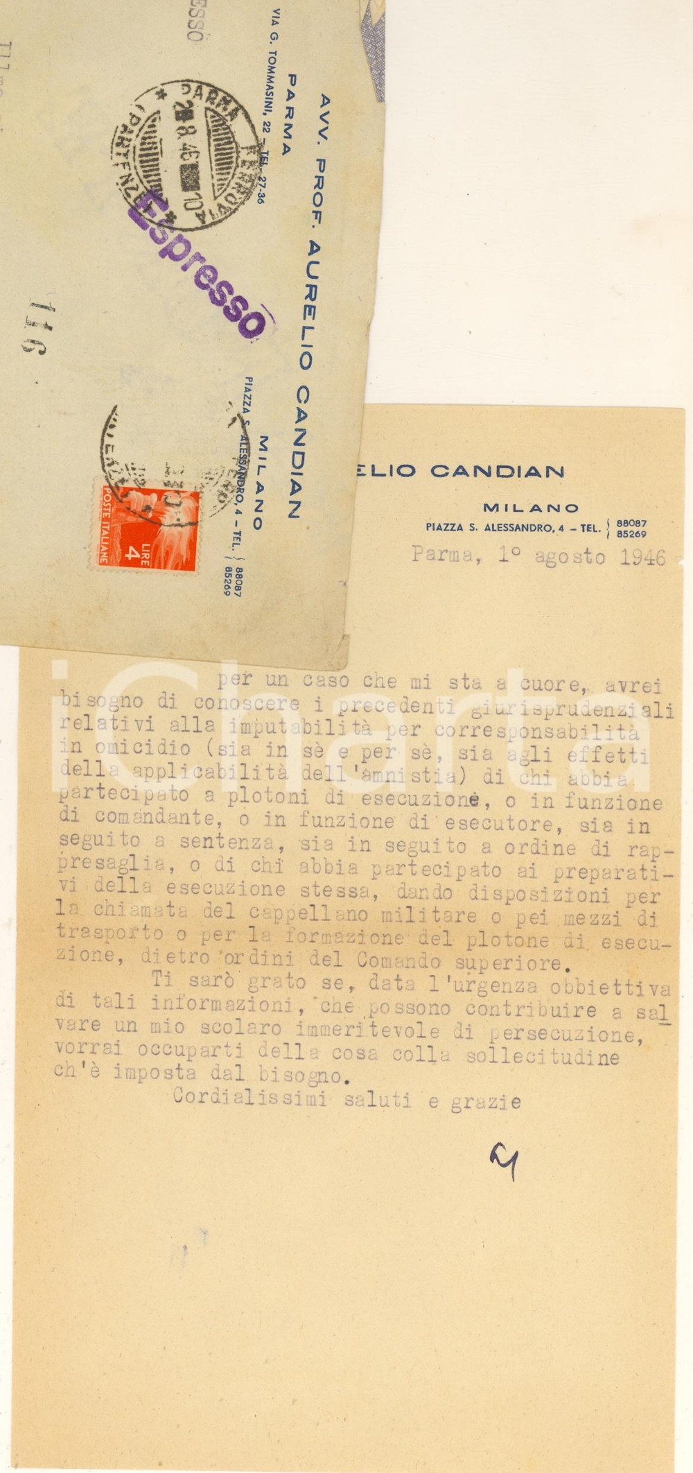 Autografo originale 1946 PARMA Aurelio CANDIAN su imputabilità plotone di esecuzione   Autografo 1