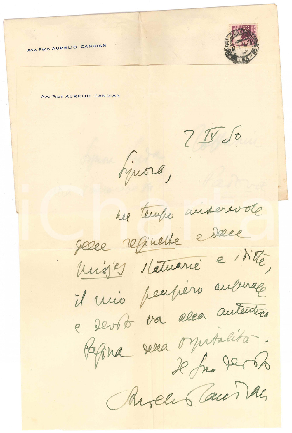 1950 MILANO Aurelio CANDIAN - Auguri alla moglie di un collega ^Autografo Lettera interamente autografa.Su carta intestata; busta viaggiata.PAGINE: 1 FAIR/discreto piegature d'epoca  originale e autentica 1