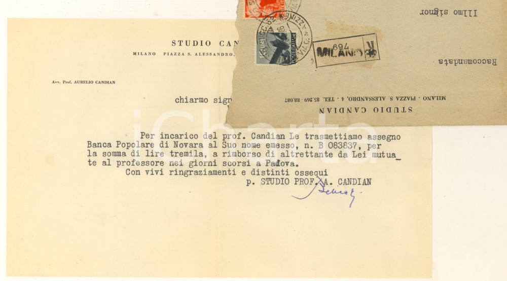 Autografo originale 1946 MILANO Lettera Aurelio CANDIAN per trasmissione assegno  Autografo 1