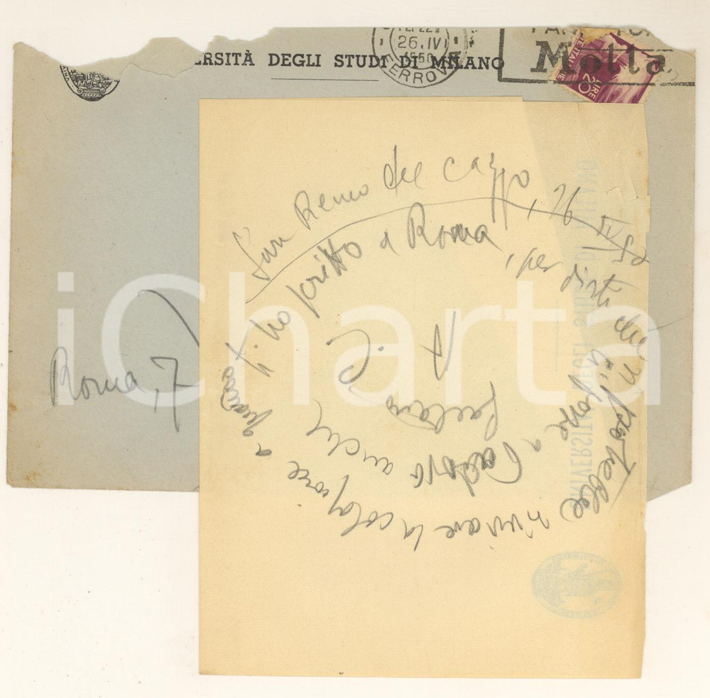 Autografo originale 1950 SANREMO Biglietto Aurelio CANDIAN a un amico  Autografo 1