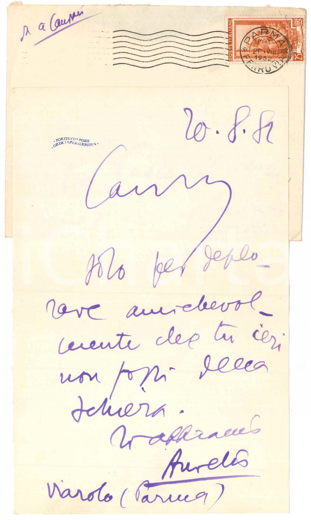 1952 PARMA Lettera Aurelio CANDIAN a un amico assente - Autografo Lettera interamente autografa.Busta viaggiata.PAGINE: 1 FAIR/discreto piegature d'epoca  originale e autentica 1