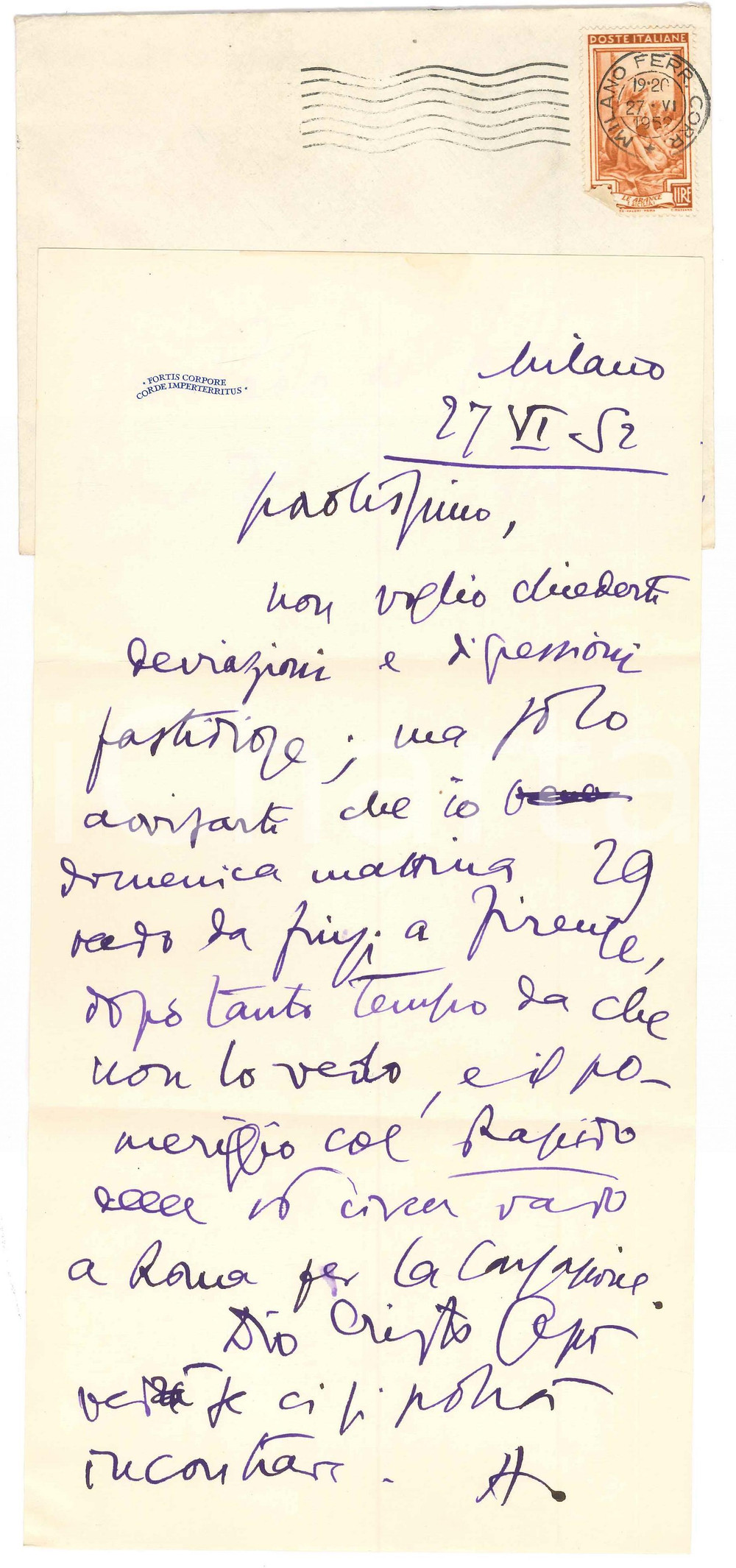 Autografo originale 1952 MILANO Lettera Aurelio CANDIAN in partenza per Firenze Autografo 1