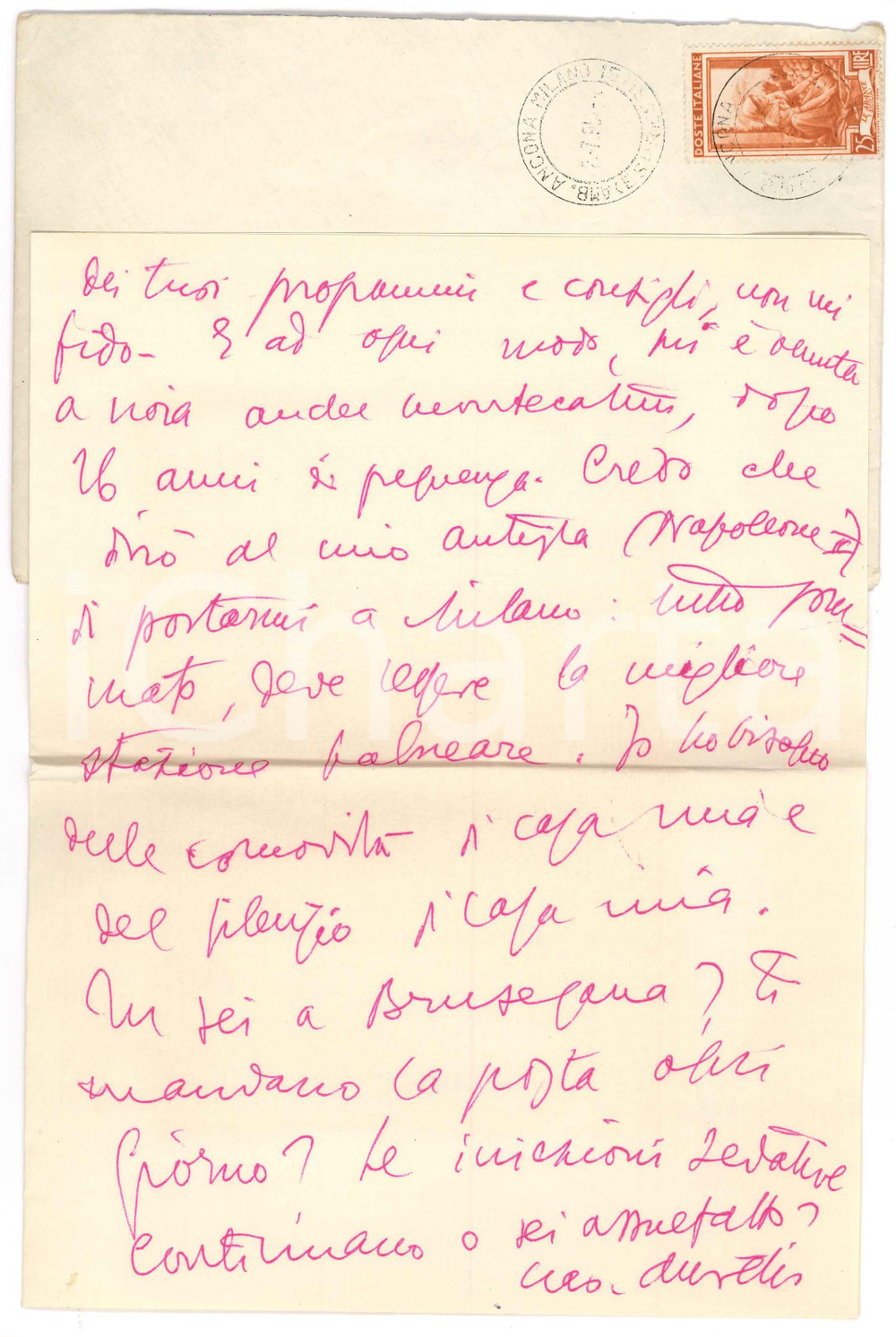 1952 RICCIONE Lettera Aurelio CANDIAN "Mi è venuta a noia Montecatini" Autografo