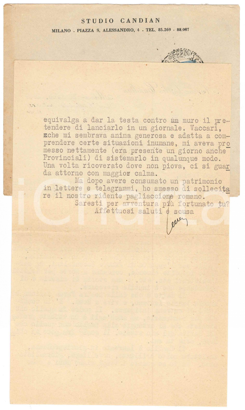 Autografo originale 1949 MILANO Lettera Aurelio CANDIAN a favore di un ex alunno  Autografo 1