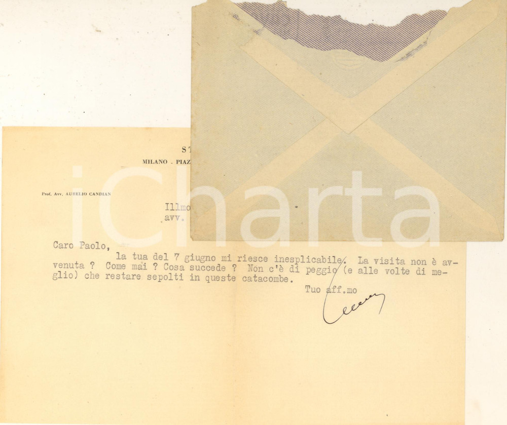 Autografo originale 1949 MILANO Lettera Aurelio CANDIAN a un collega  Autografo 1