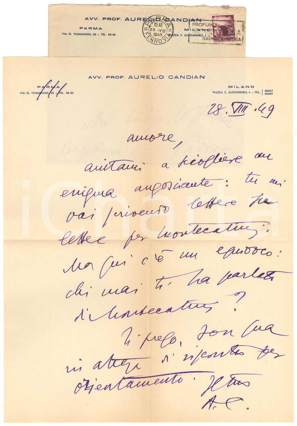 Autografo originale 1949 MILANO Aurelio CANDIAN  Lettere per errore a Montecatini Autografo 1