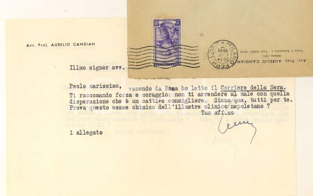 Autografo originale 1951 MILANO Lettera Aurelio CANDIAN a un amico e collega Autografo 1