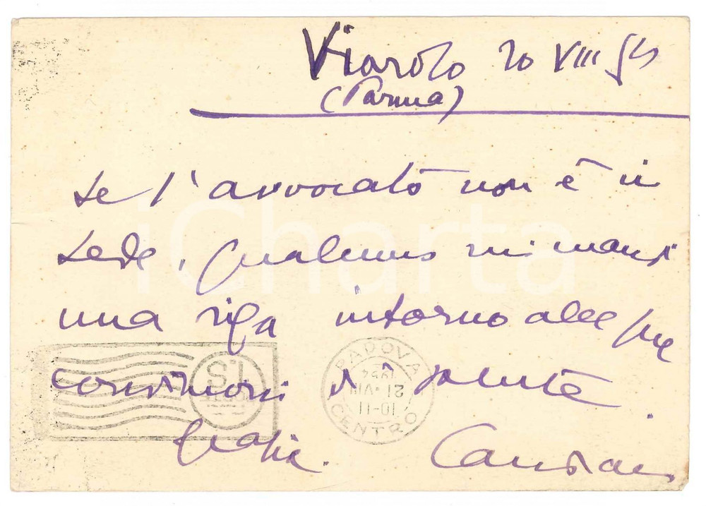 Autografo originale 1954 VIAROLO /PARMA Aurelio CANDIAN a un collega  Autografo 1