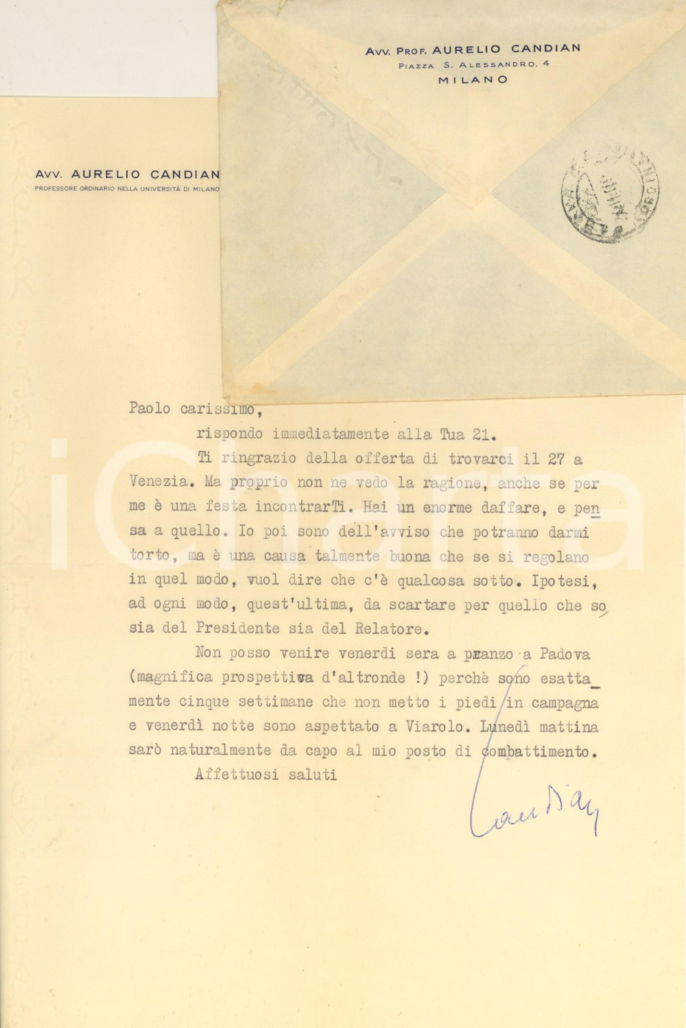 Autografo originale 1953 MILANO Lettera Aurelio CANDIAN a un amico e collega Autografo 1
