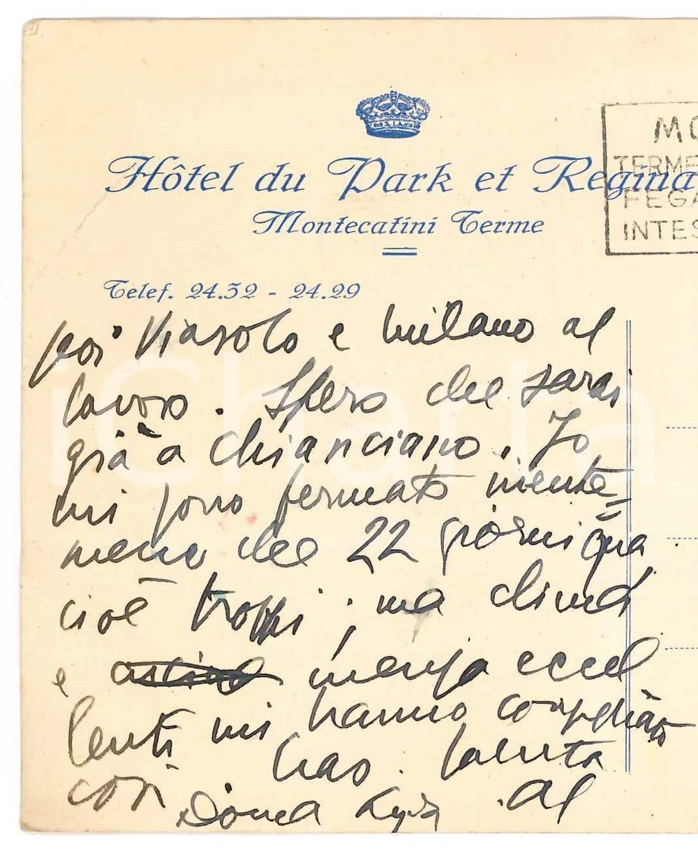 Autografo originale 1954 MONTECATINI TERME Hotel du Park et Regina   Aurelio CANDIAN Autografo 1
