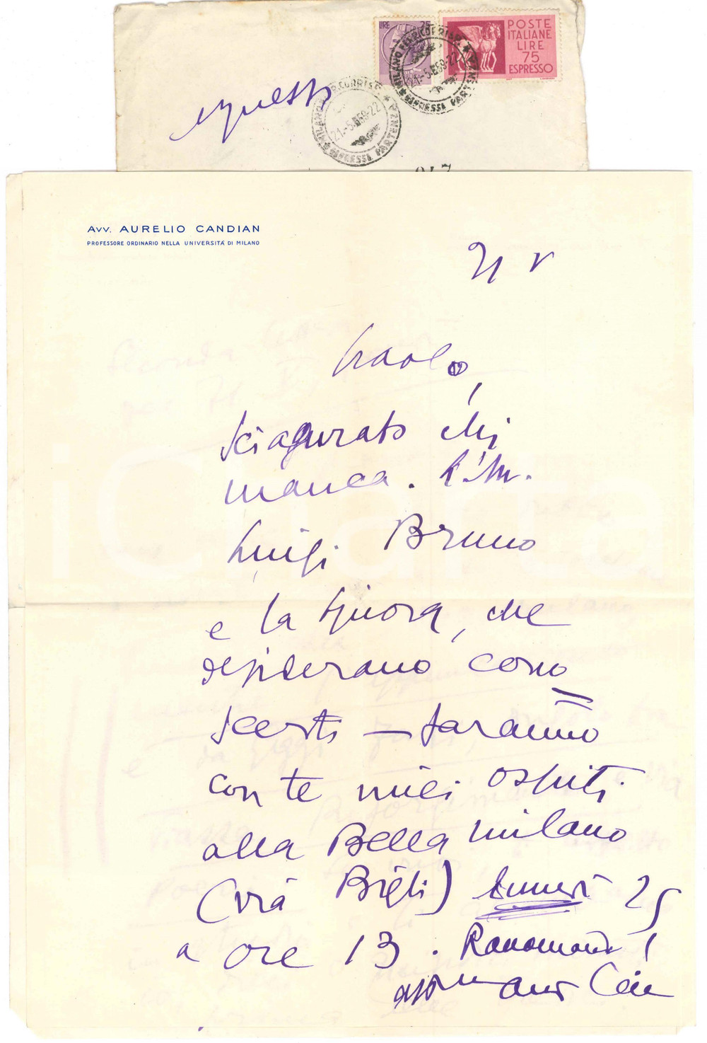 Autografo originale 1959 MILANO Lettera Aurelio CANDIAN  Invito a un amico  Autografo 1