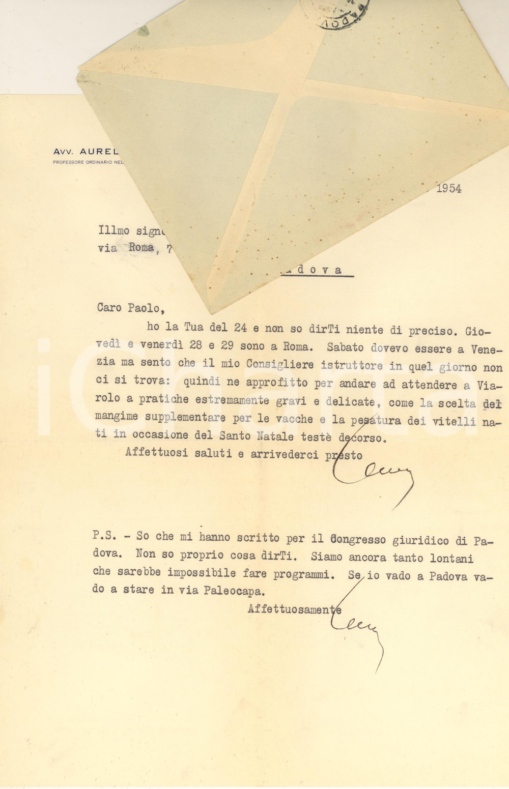 Autografo originale 1954 MILANO Lettera Aurelio CANDIAN  Cura dei bovini Autografo 1