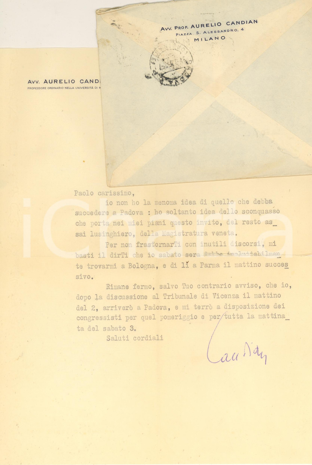 Autografo originale 1954 MILANO Lettera Aurelio CANDIAN a un collega e amico Autografo 1