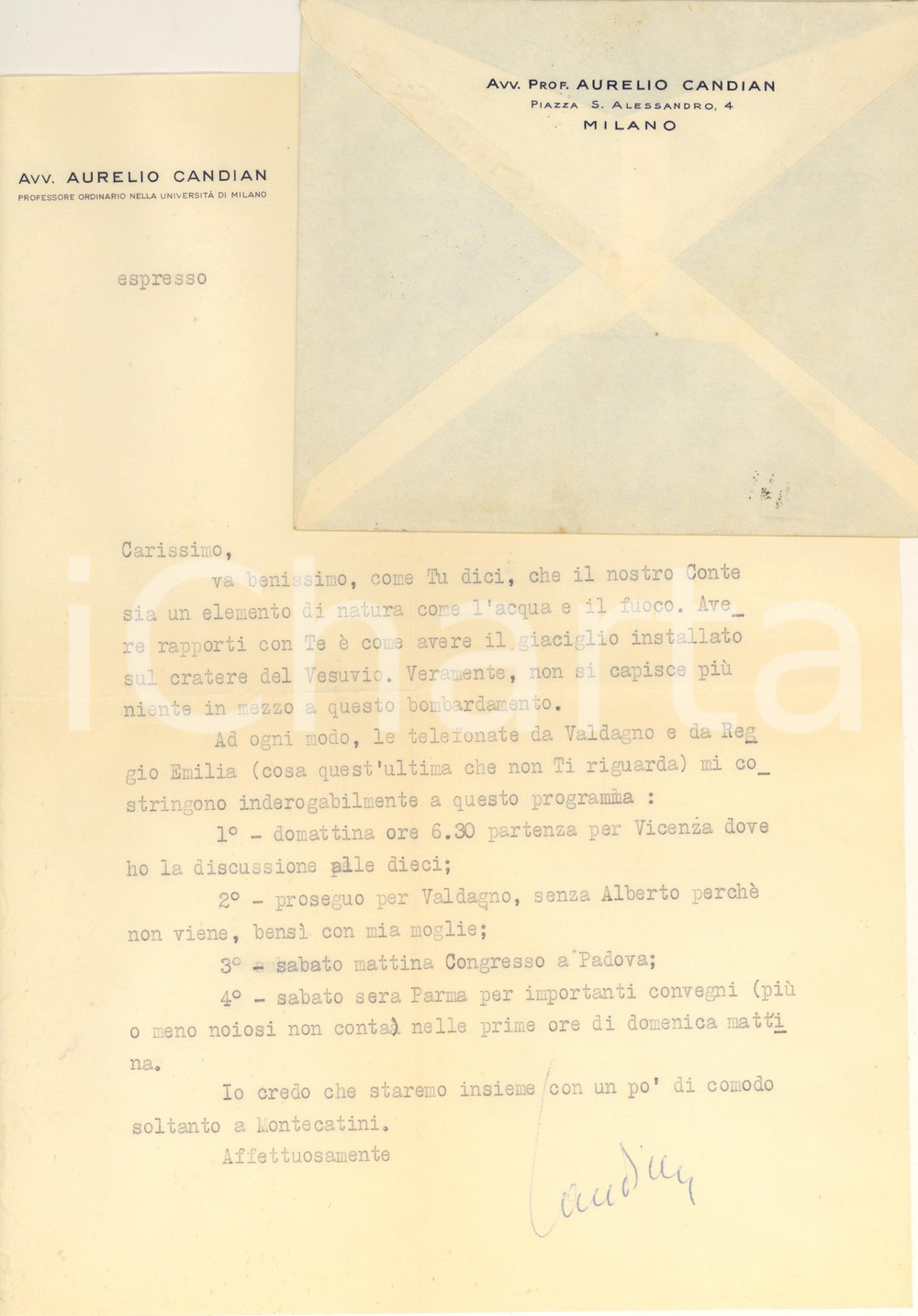 Autografo originale 1954 MILANO Lettera Aurelio CANDIAN  Programmi di spostamento Autografo 1