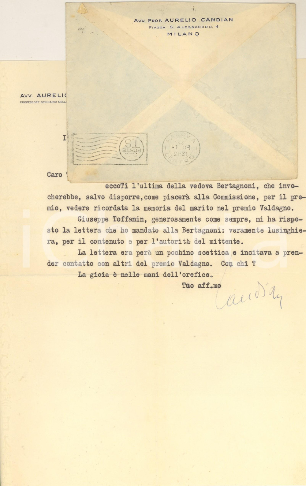 Autografo originale 1954 MILANO Lettera Aurelio CANDIAN in favore di una vedova Autografo 1