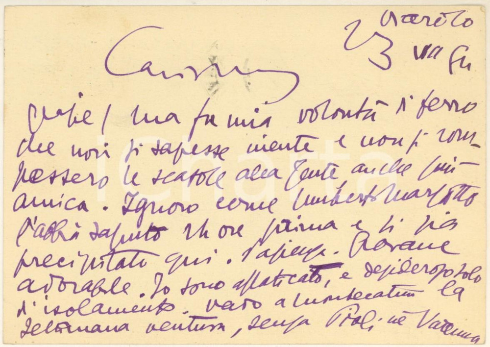 Autografo originale 1954 VIAROLO /PARMA Aurelio CANDIAN desideroso d isolamento  Autografo 1