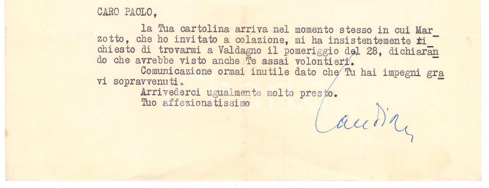 Autografo originale 1954 MILANO Lettera Aurelio CANDIAN a un amico e collega Autografo 1